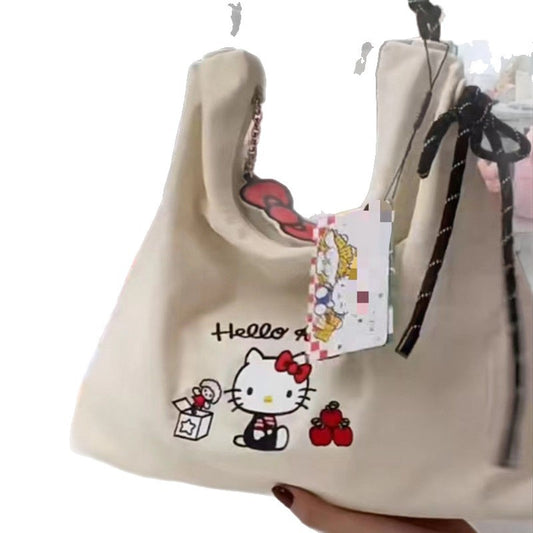 Hello Kitty Canvas Tote Bag 2025 New Summer Cute Embroidery Large Capacity Daily Commute Shoulder Bag