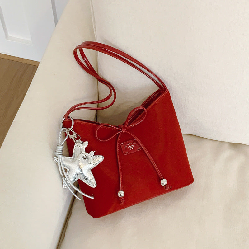 Chic Tote Bag for Women 2025 New Summer Style Retro Design with Star Charm and Drawstring Closure