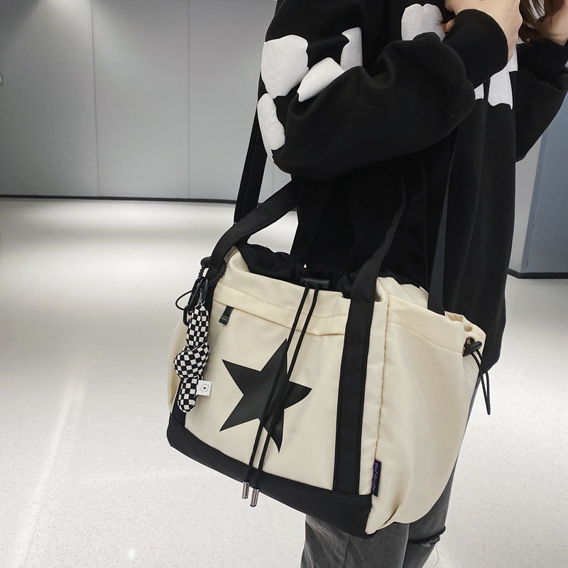 2026 New Japanese Style Casual Large Capacity Crossbody Bag for Women, Simple Polyester Tote with Geometric Star Design, Perfect for Commuting and Travel