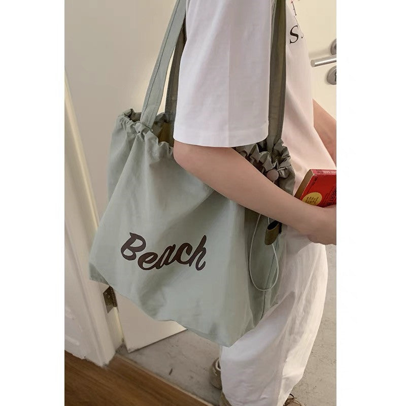 Casual Nylon Tote Bag with Beach Letter Print, Drawstring Closure, Large Capacity for Daily Use