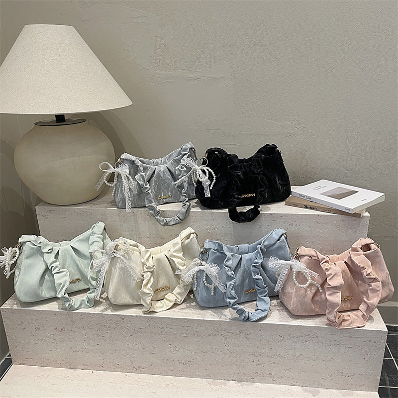 Summer Solid Color Pleated New Western Style Fashion Bowknot Chain Crossbody Handbag for Women