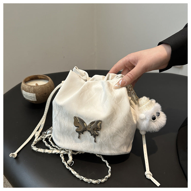 Fashionable Drawstring Bucket Bag with Chain Strap and Cute Pom-Pom Charm for Women