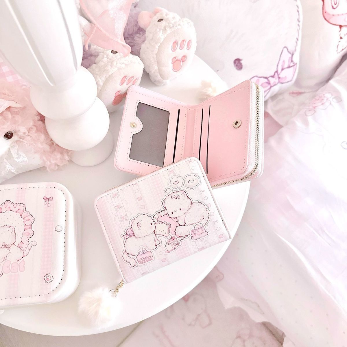 Cute Cartoon Bear Zipper Wallet for Women, Soft PU Leather Compact Card Holder with Adorable Print Design