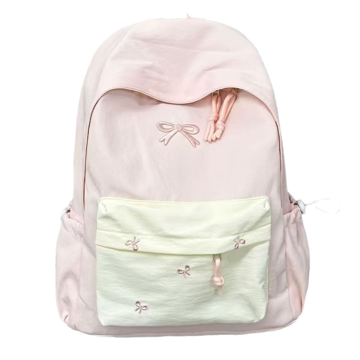 Cute Bow Embroidery Backpack for Students and Travel - Waterproof, Large Capacity, Lightweight Design with Stylish Front Pocket