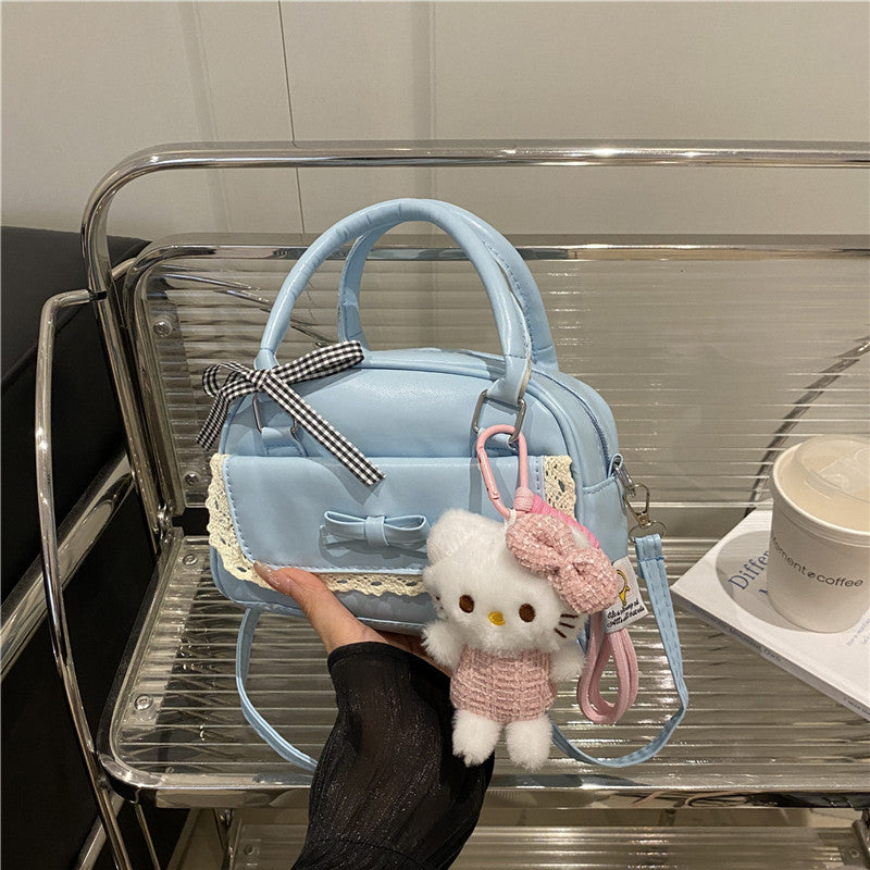 2025 Trendy Minimalist Bow Handbag for Women, Fashionable Crossbody Bag with Cute Plush Charm, Elegant Bowling Shape Design
