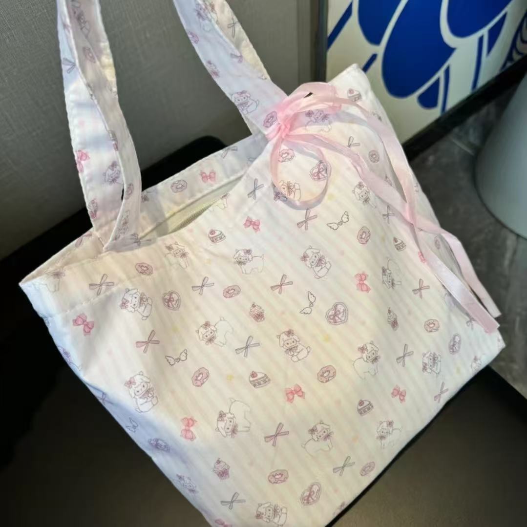 Cute Cartoon Print Tote Bag with Ribbon Bow, Large Capacity Casual Shoulder Bag for Daily Use