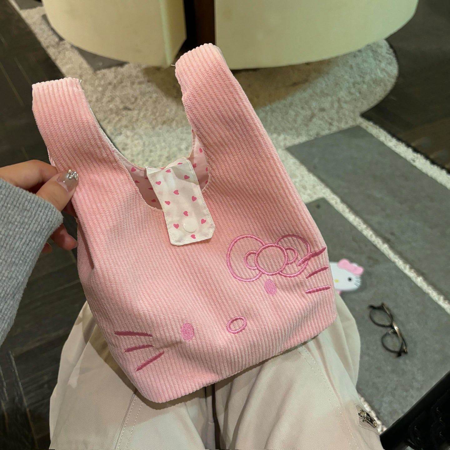 Cute Cartoon Cat Corduroy Handbag Heart-Shaped Pattern Everyday Joker out of Portable Bag