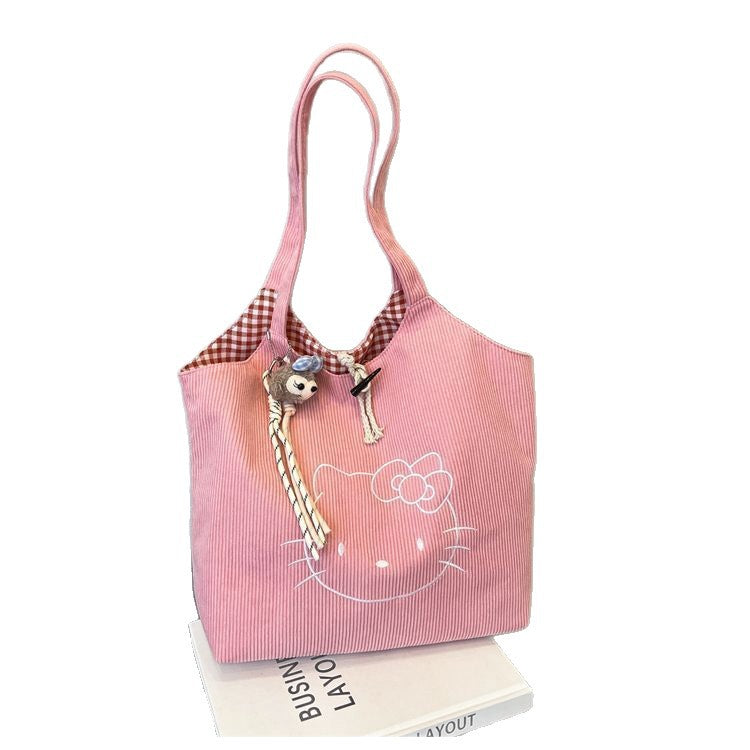 Large Corduroy Embroidered Tote Bag with Cartoon Design, Soft Structure, Multiple Inner Pockets for Daily Use
