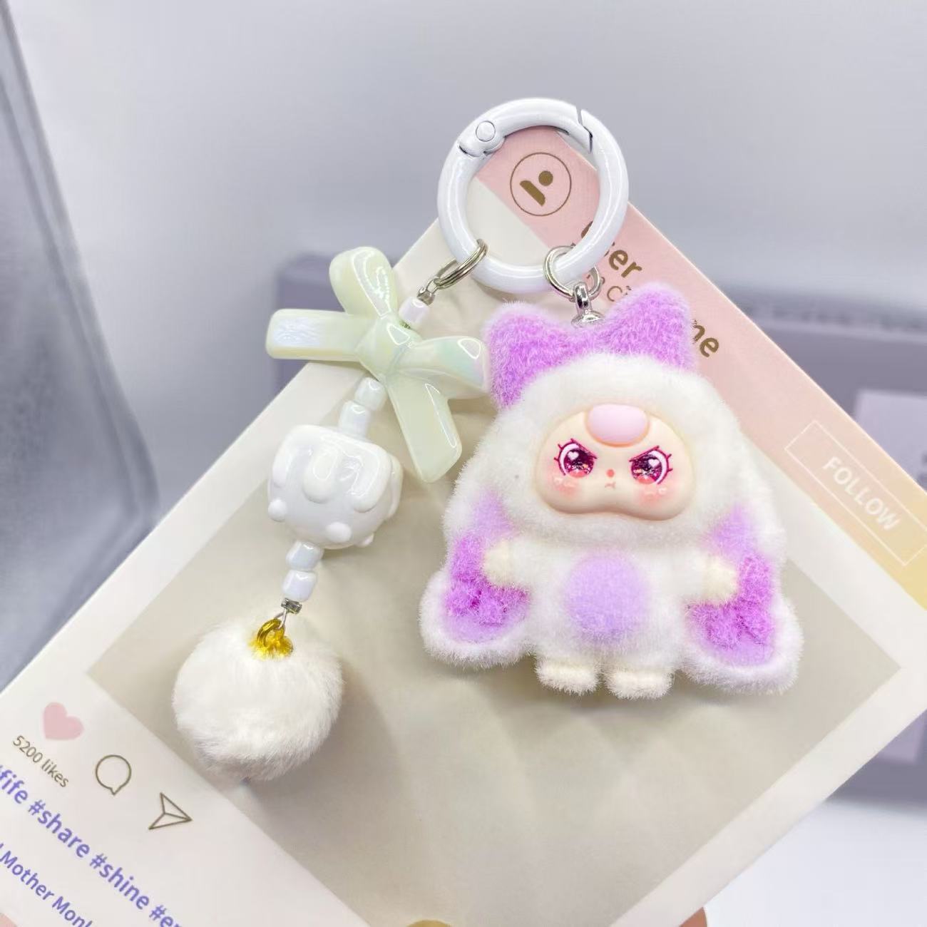 Cute Cartoon Plush Keychain with Pom-Pom and Charm - Perfect Gift for Kids and Girls