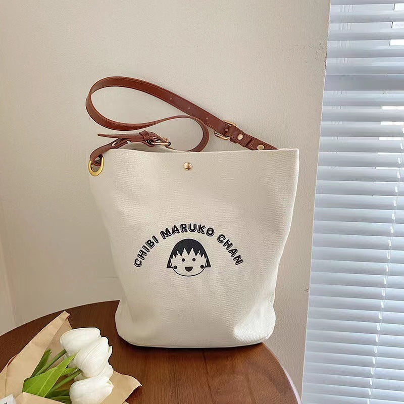 Chibi Maruko Chan Canvas Tote Bag with Cute Print, Magnetic Closure, Single Shoulder Strap for Daily Use