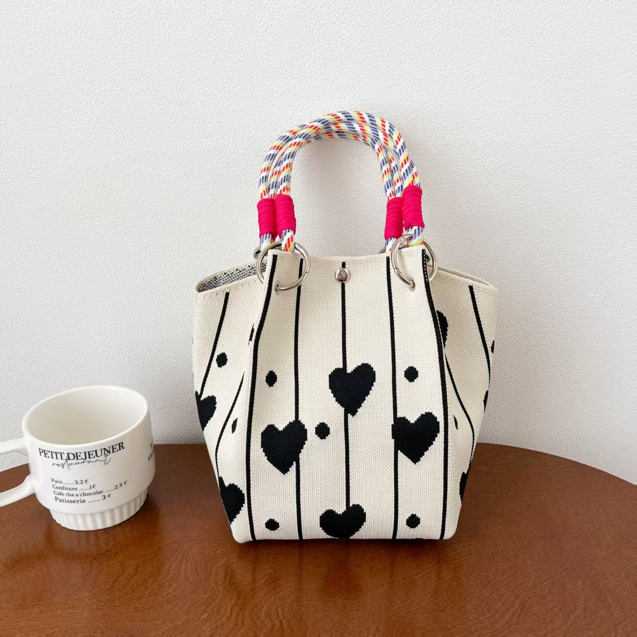 Black and White Rhombus Knitted Tote Bag Women's Casual Versatile Large Capacity Messenger Bag Handbag