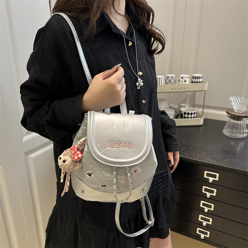 Cute Fashionable Backpack for Women with Chain Detail and Plush Charm, Perfect for Daily Use and School