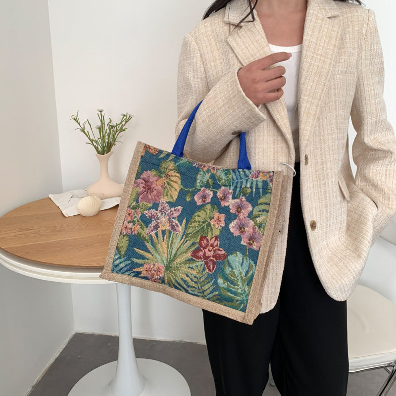 Women's Handbag New Large Capacity Ethnic Style Cotton Linen Tote Bag Flowers Print Magnetic Snap Handbag Daily All-Match Fashion Women's Bag