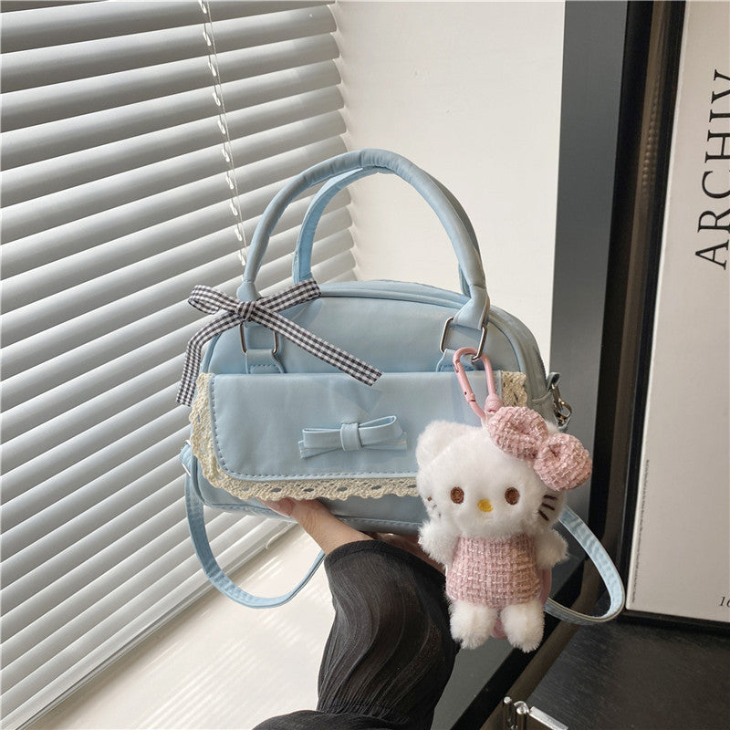 2025 Trendy Minimalist Bow Handbag for Women, Fashionable Crossbody Bag with Cute Plush Charm, Elegant Bowling Shape Design