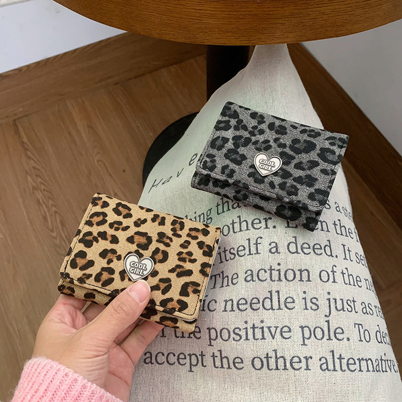 Chic Leopard Print Trifold Wallet with Heart Charm for Women, Fashionable and Spacious Design