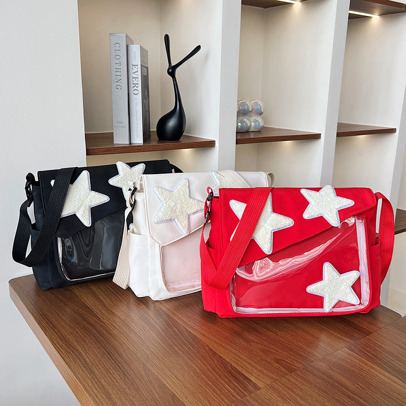 Trendy Star-Embellished Crossbody Bag 2024 Spring New Style Casual Chic Shoulder Bag with Transparent Panel and Soft Nylon Material