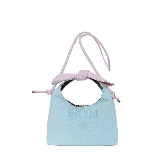 Korean Style Daisy Embroidered Mini Tote Bag with Bow Strap, Soft PU Material, Magnetic Closure, Casual Daily Shoulder Bag