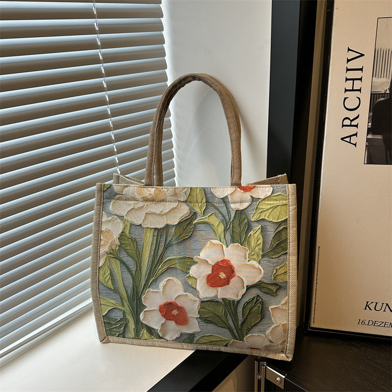 Large Capacity Linen Commuter Bag Women's New Shoulder Ethnic Style Student Handheld Class Portable Tote Bag