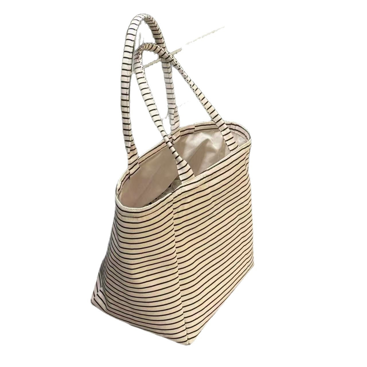New Korean Striped Canvas Tote Bag Women's Large Capacity Commuter Portable with Zipped Interlayer Everyday Joker
