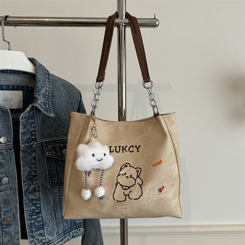 Cute Cat Print Tote Bag with Cloud Charm 2026 Spring New Korean Style Large Capacity Simple Shoulder Bag for Daily Use