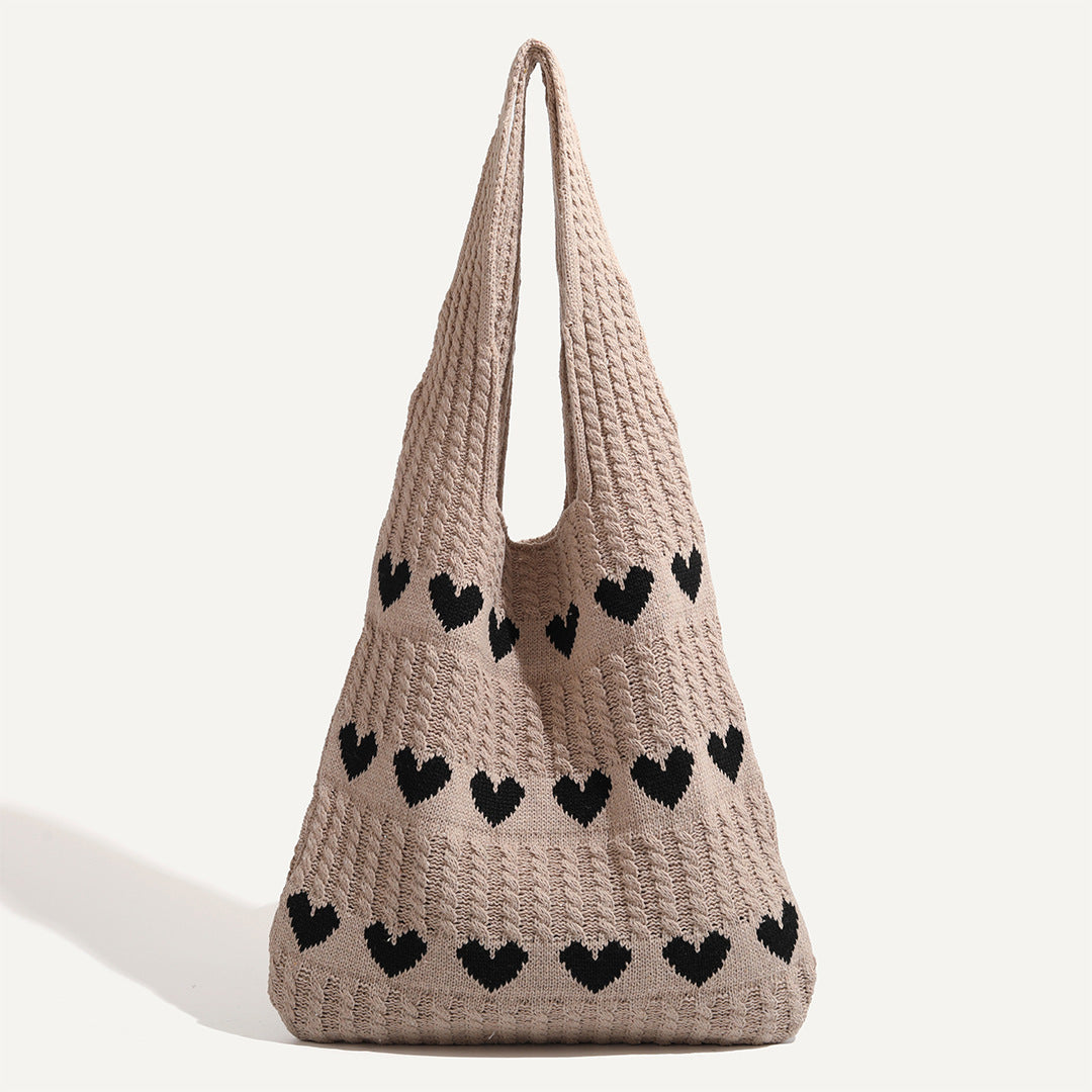 Women's Shoulder Bag Love Pattern Knitted Tote Bag Soft Handmade Shoulder Bag Daily Matching Fashion Tote Bag