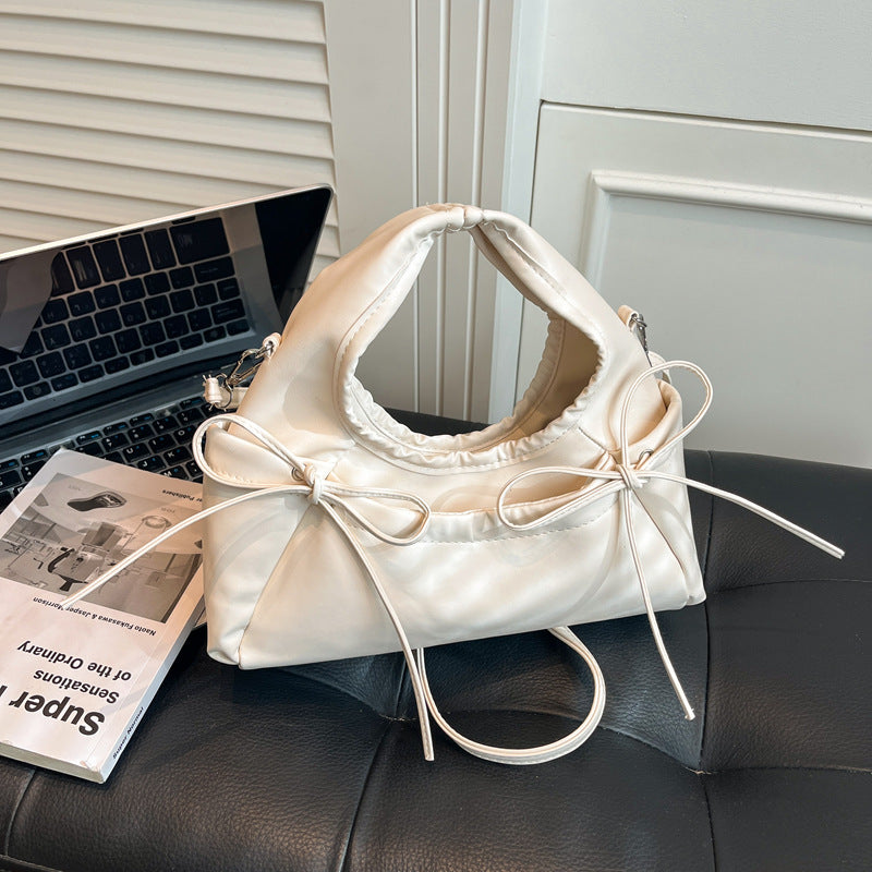 Korean Fashion Women's Mini Moon Bag with Bow Detail, Soft PU Crossbody Shoulder Bag for Daily Street Style