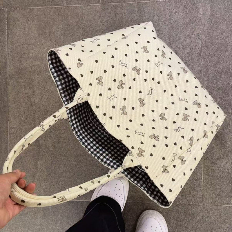 Women's Canvas Bag Large Capacity Love Heart Bow Tie New All-Match One-Shoulder Fashion Portable Commuter Tote