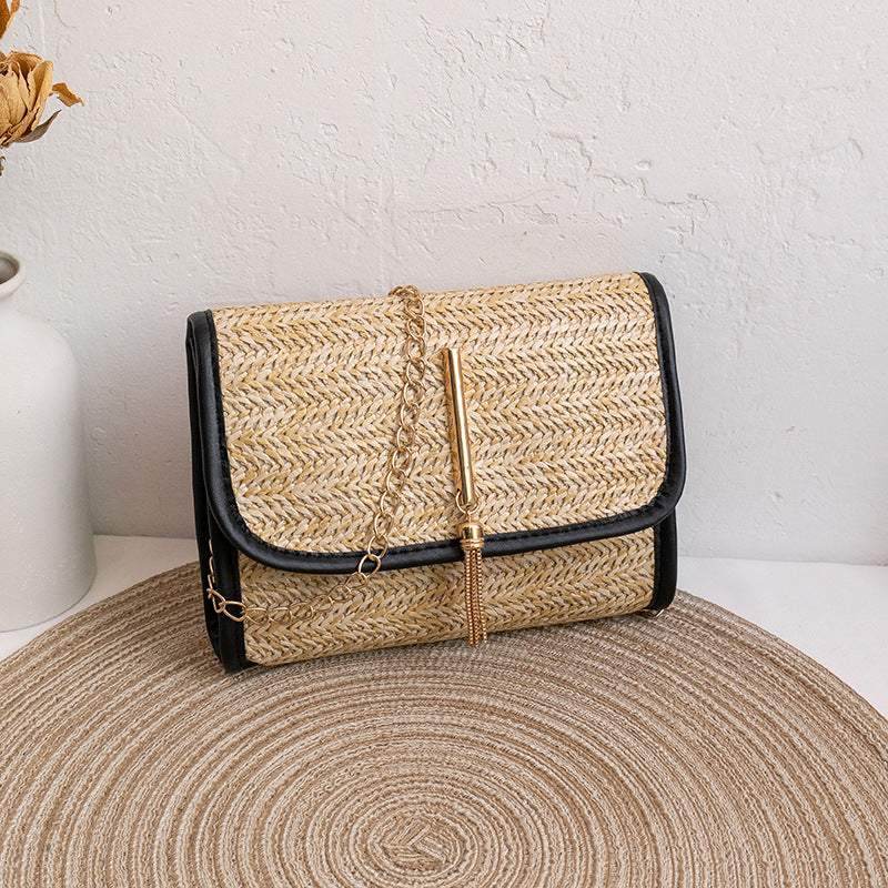 Straw Bag Women's Trendy All-Match Woven Small Square Bag New Tassel Chain Bag
