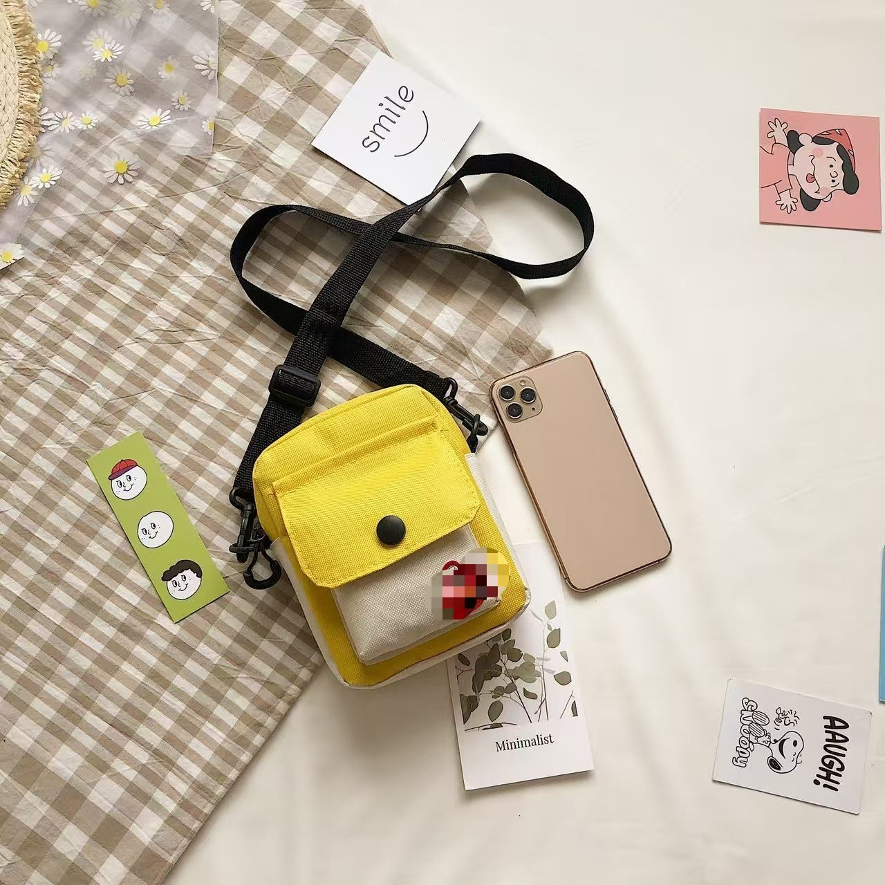Cute Street Style Crossbody Bag with Cartoon Patch and Functional Pockets for Daily Use