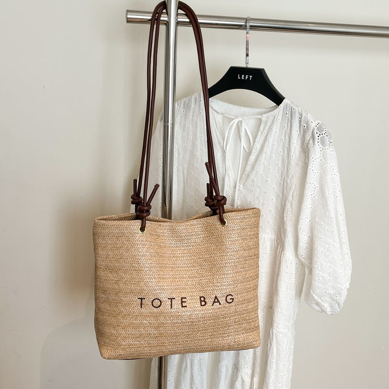 Stylish Straw Tote Bag with Leather Handles for Beach, Travel and Daily Use