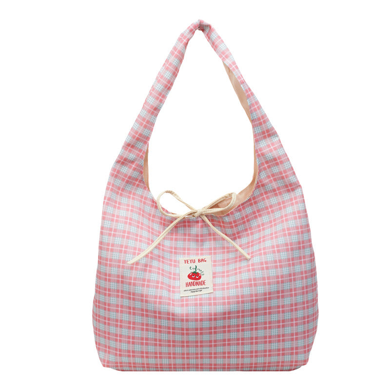 Korean Style Cartoon Tomato Plaid Tote Bag with Large Capacity, Fashionable Crossbody Bag for Students and Daily Use