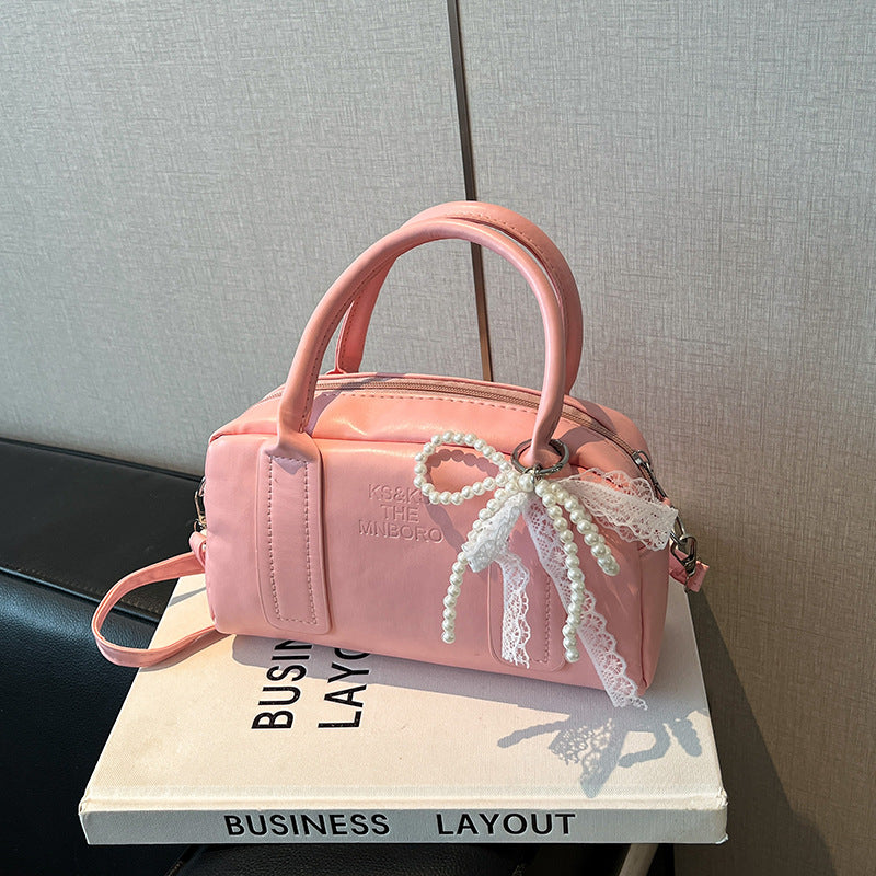 Chic Pearl Bow Boston Bag Women's Fashion Handbag with Lace Detailing for Everyday Style