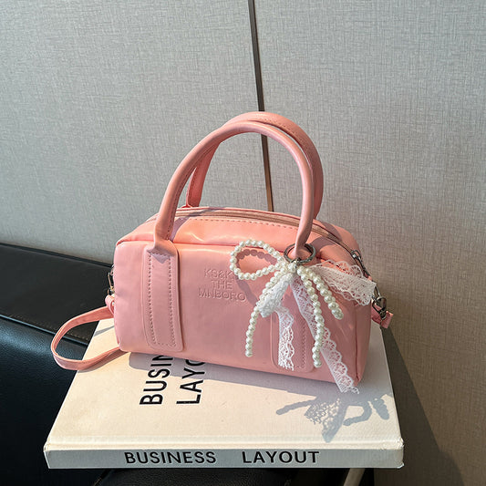 Chic Pearl Bow Boston Bag Women's Fashion Handbag with Lace Detailing for Everyday Style