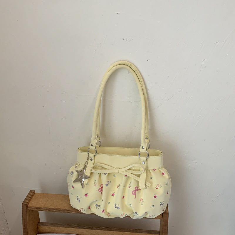 Korean Style Large Capacity Shoulder Bag with Pleated Design and Polka Dot Print for Daily Commute