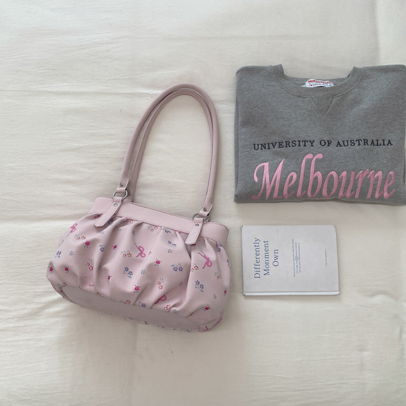 Korean Style Large Capacity Shoulder Bag with Pleated Design and Polka Dot Print for Daily Commute