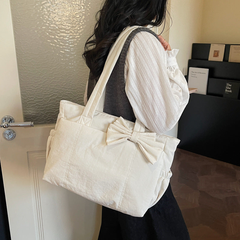 Chic Bow Detail Tote Bag with Large Capacity and Soft Cotton Fabric for Daily Use