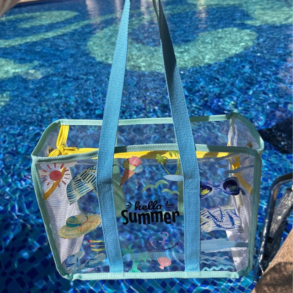 Transparent Waterproof Beach Bag with Summer Print, Large Capacity for Swimwear and Toiletries, Perfect for Pool and Travel