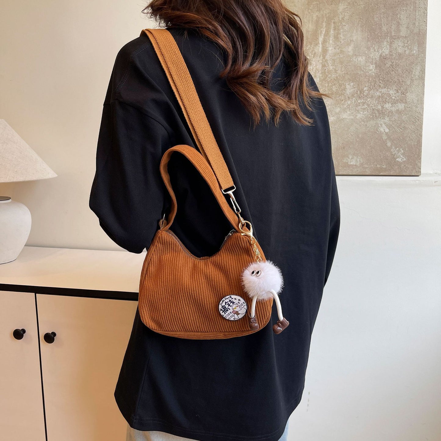 Simple Handbag Women's Cute Solid Color New Corduroy Crossbody Shoulder Commuter Fashion Bag