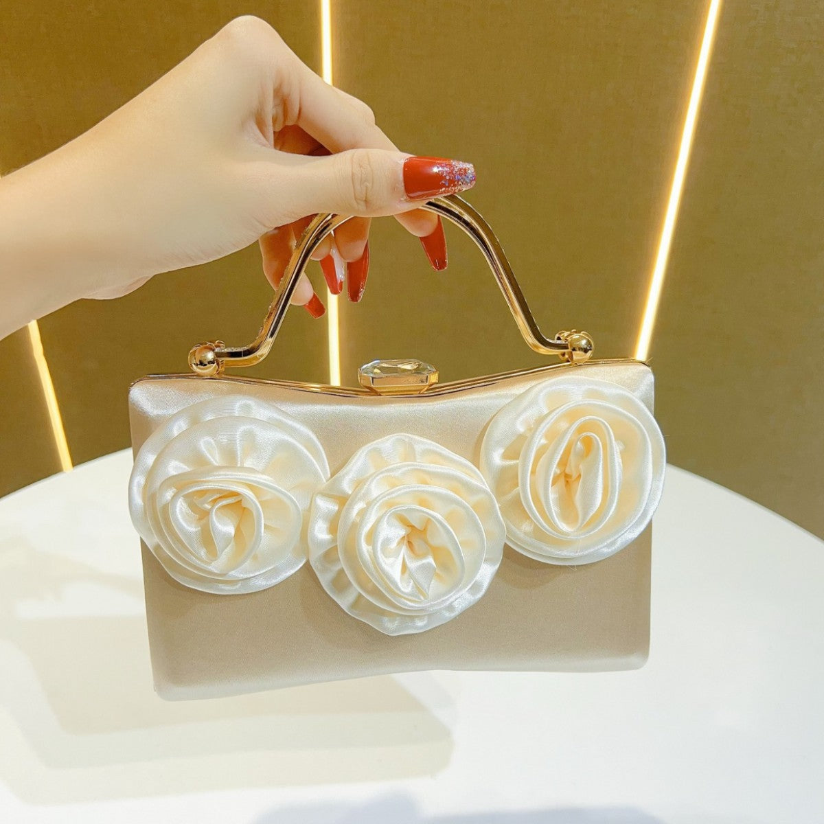 Elegant Floral Satin Clutch Bag with Gold Handle for Party and Evening Events