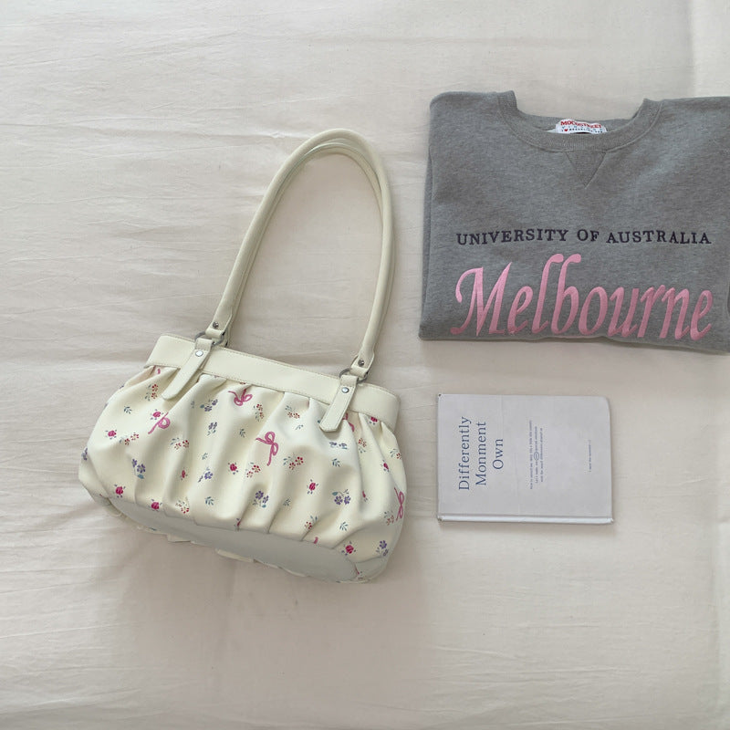 Korean Style Large Capacity Shoulder Bag with Pleated Design and Polka Dot Print for Daily Commute
