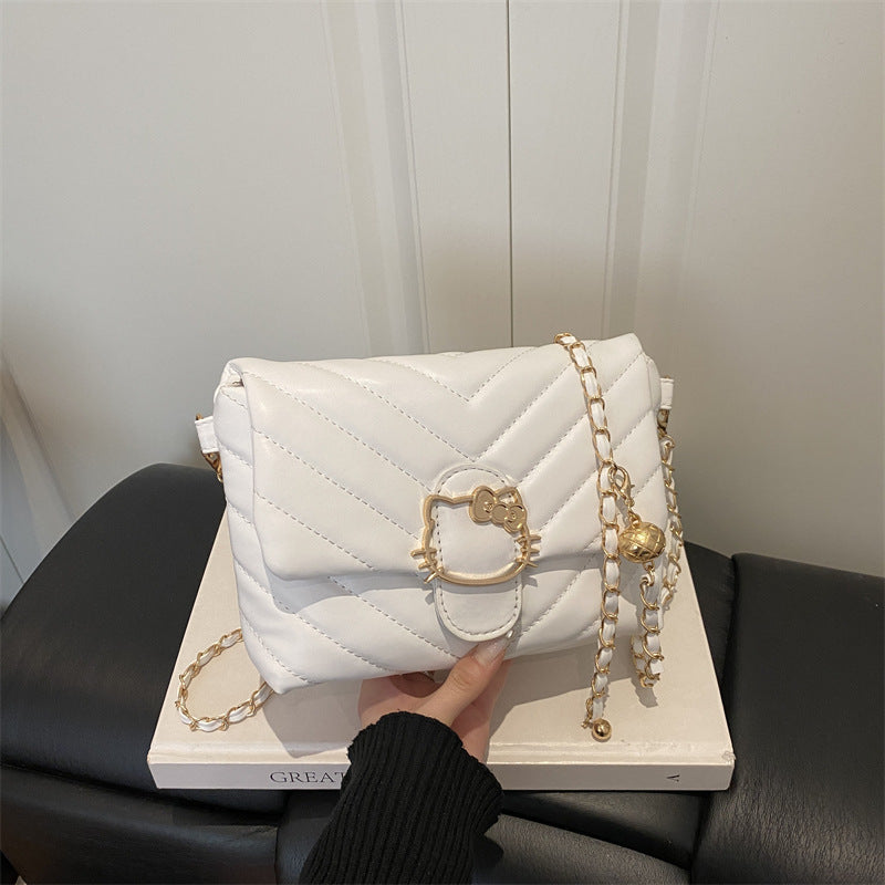 Chic Quilted Crossbody Bag with Hello Kitty Charm, Fashionable Chain Strap for Daily Style