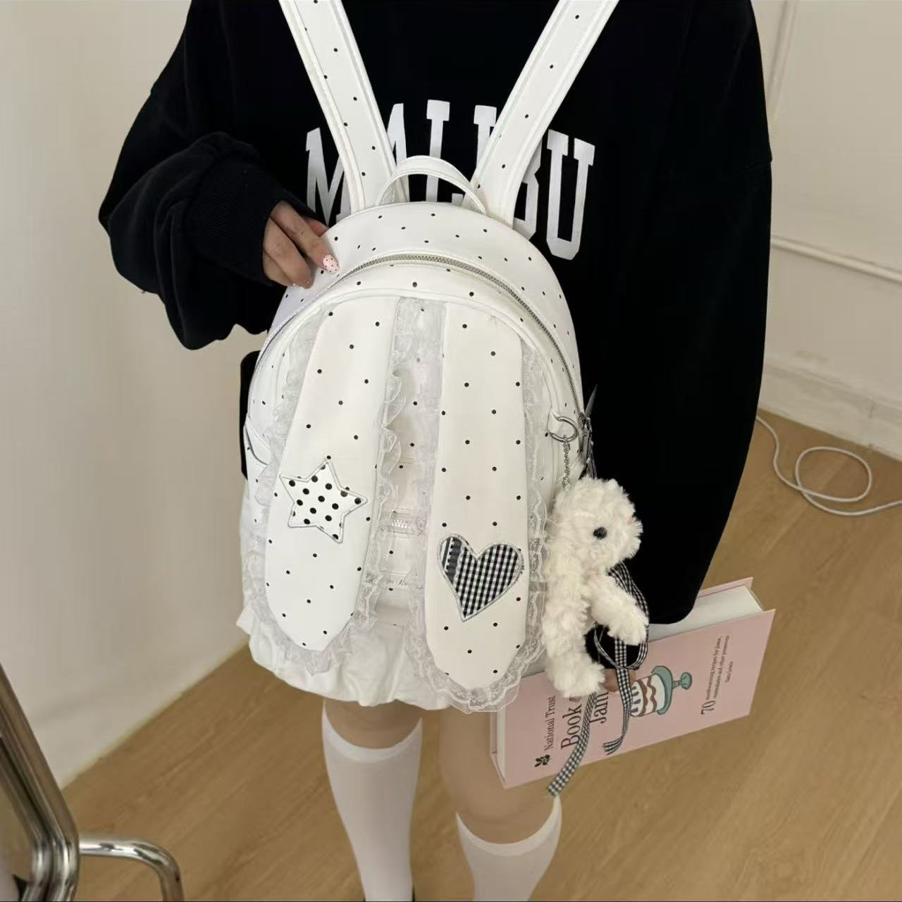 Cute Polka Dot Backpack with Lace Trim and Heart Star Design, Perfect for Daily Use and School