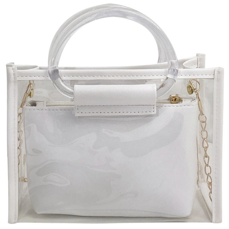Transparent PVC Mini Tote Bag with Chain Strap and Circular Handle for Women - Fashionable Daily Use