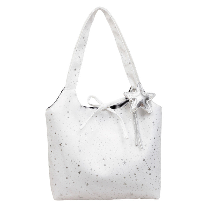 Starry Tote Bag for Women 2026 New Fashion Large Capacity Daily Commute Simple Style Shoulder Bag with Bow and Star Charm