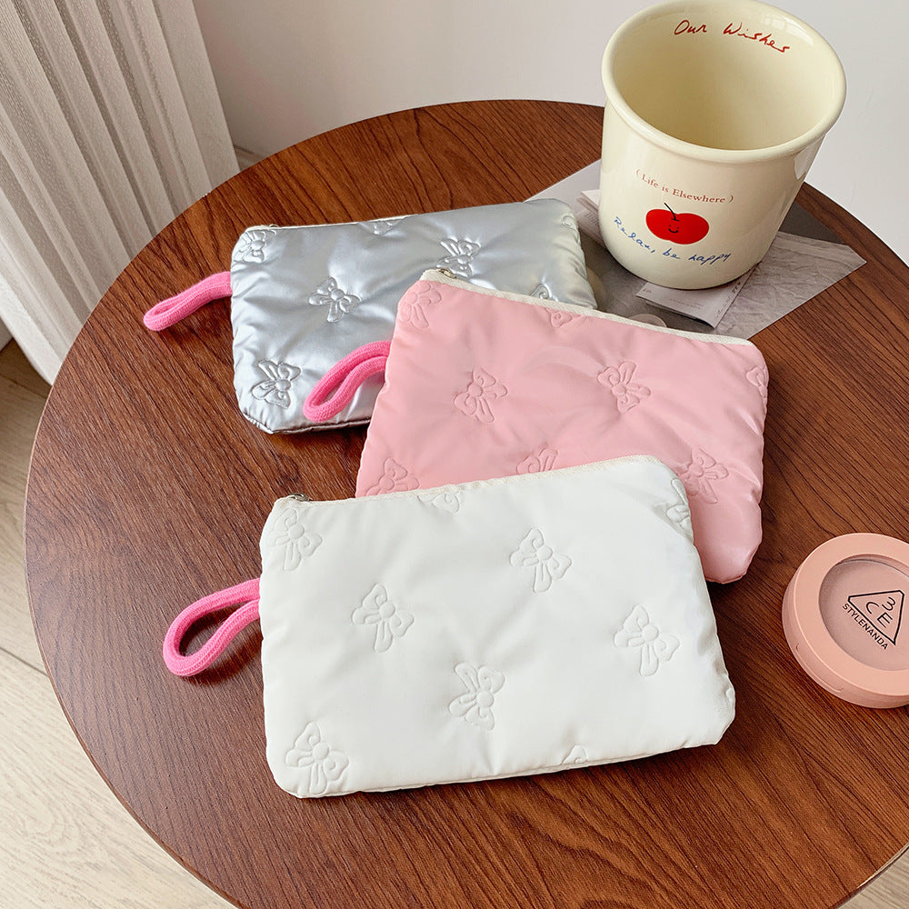 Cute Bowknot Embroidered Glossy Cosmetic Bag Zipper Design with Rope Handle Portable Storage Everyday Good Things