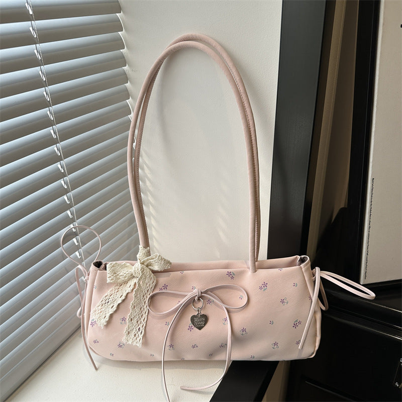 Cute Floral Print Tote Bag with Bow Detail for Women, Fashionable Shoulder Bag with Elegant Design and Soft PU Material