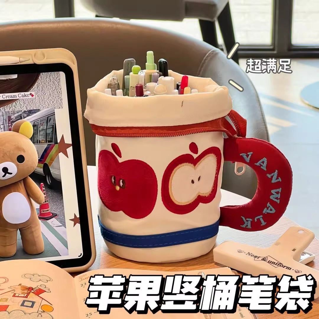 Cute Apple Design Cup-shaped Pencil Case with Large Capacity for Students and Stationery Storage