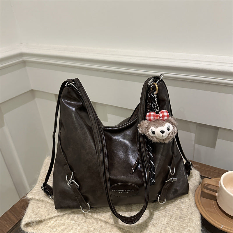 2024 Autumn Winter Fashionable Large Capacity Tote Bag for Women, Retro Stylish Shoulder Bag with Cute Charm, Urban Minimalist Design