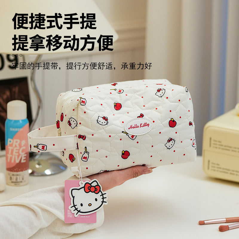 Cute Hello Kitty Quilted Cosmetic Bag with Cloud Design, Portable Travel Makeup Organizer for Women and Girls