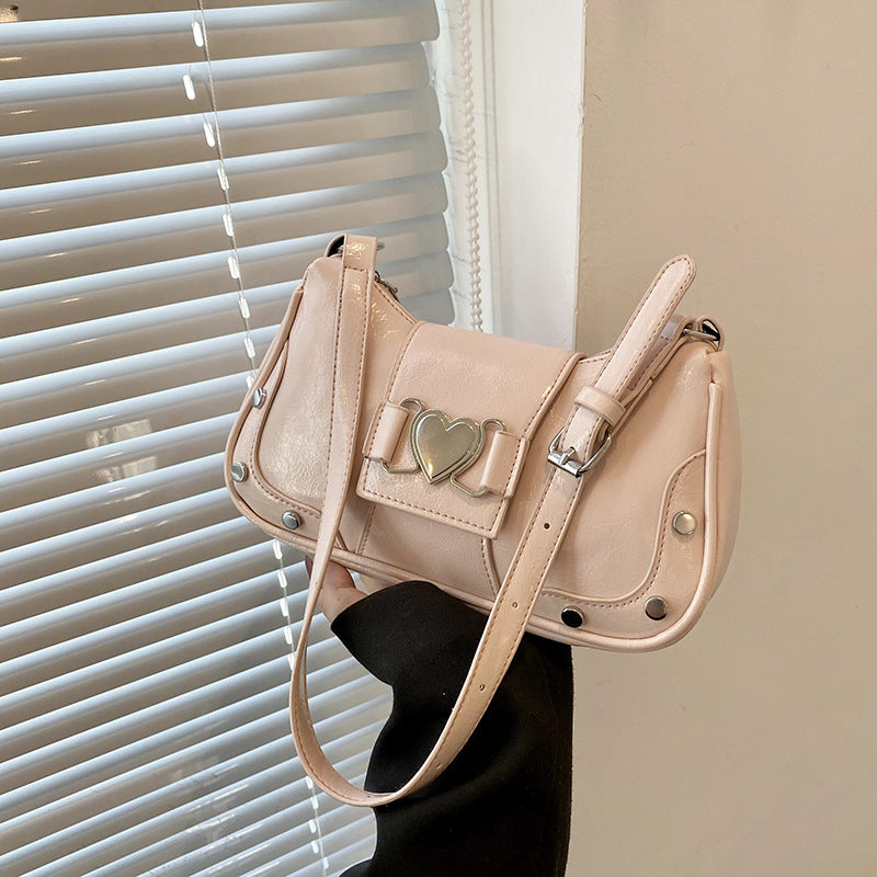 Chic Minimalist Shoulder Bag with Heart Buckle Design for Women, Trendy Crossbody Bag with Rivet Details